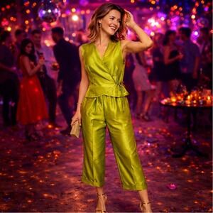 VTG Y2K Women Outfit 12 Lime Green Shantung Wrap Top Cropped Pant Party Event